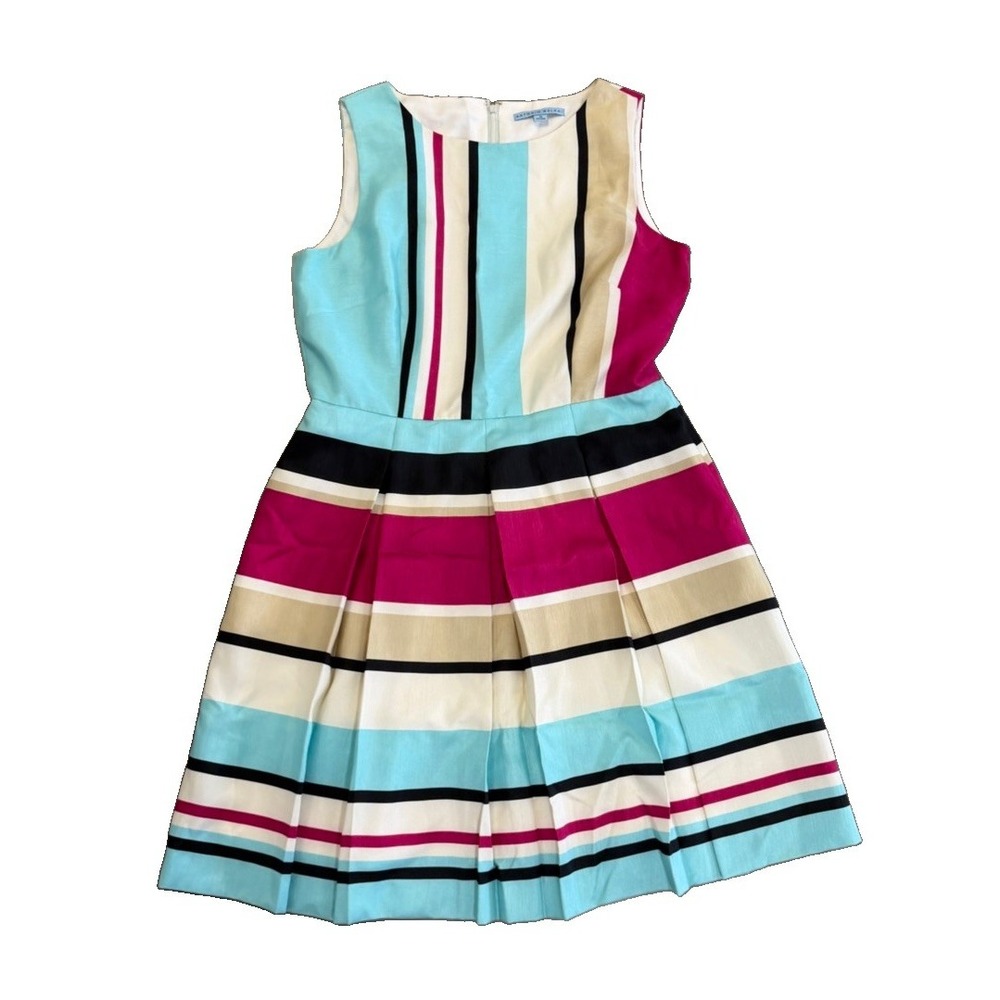 Antonio Melani Women's Size 14 Striped Fit & Flare Dress Pink Aqua Pleated